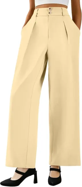 Wide Leg Dress Pants Women Baggy Button High Waisted Palazzo Pants Comfy Flowy Business Casual Slacks with Pockets
