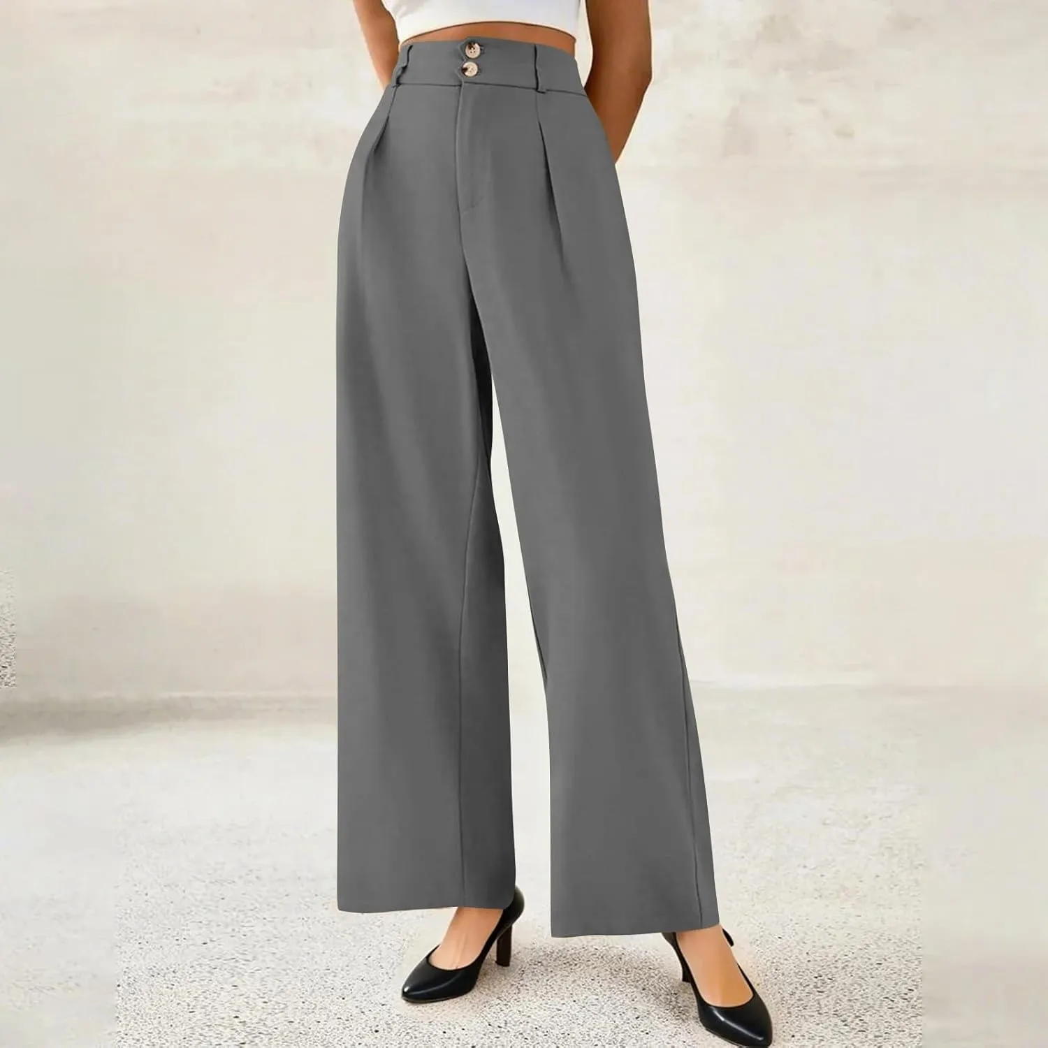 Wide Leg Dress Pants Women Baggy Button High Waisted Palazzo Pants Comfy Flowy Business Casual Slacks with Pockets
