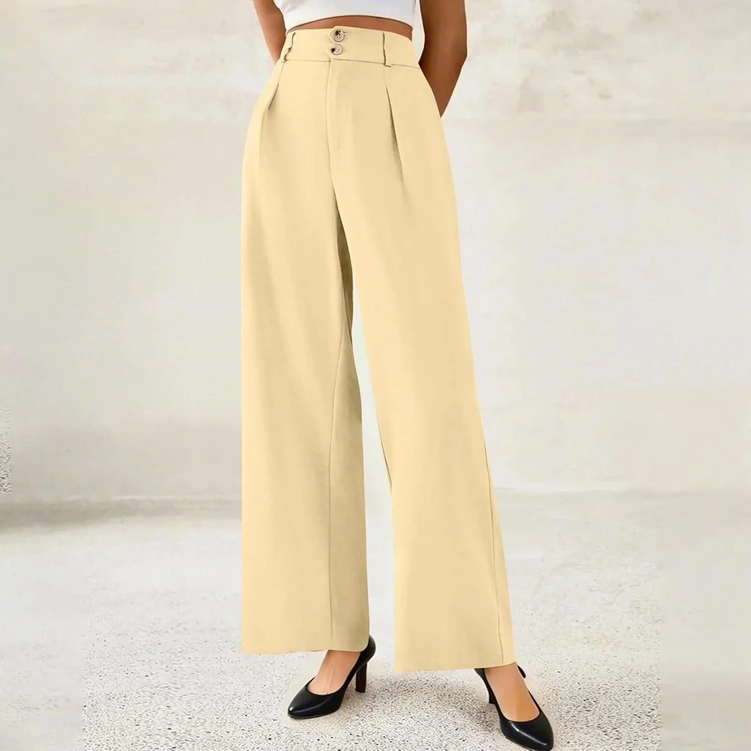 Wide Leg Dress Pants Women Baggy Button High Waisted Palazzo Pants Comfy Flowy Business Casual Slacks with Pockets