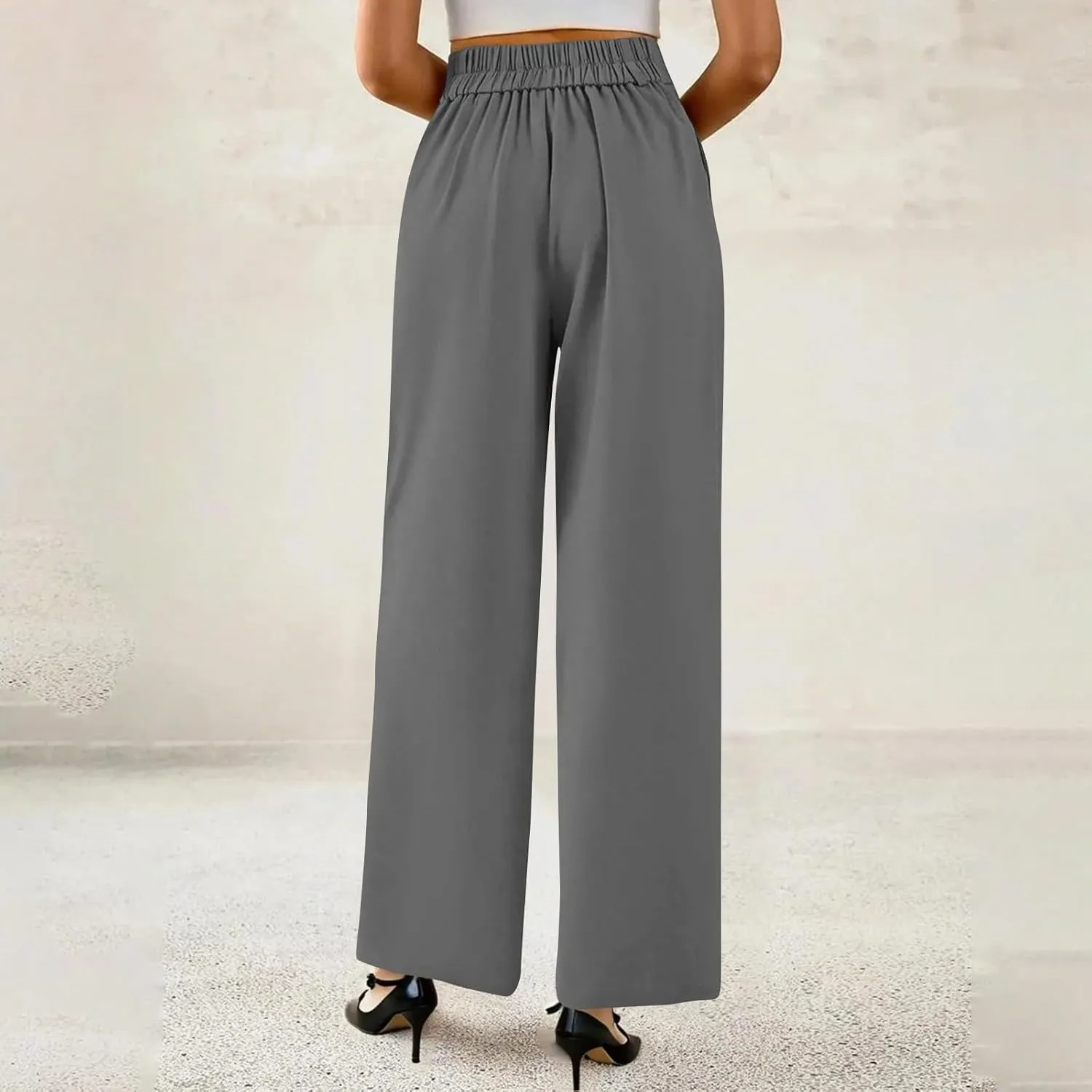 Wide Leg Dress Pants Women Baggy Button High Waisted Palazzo Pants Comfy Flowy Business Casual Slacks with Pockets