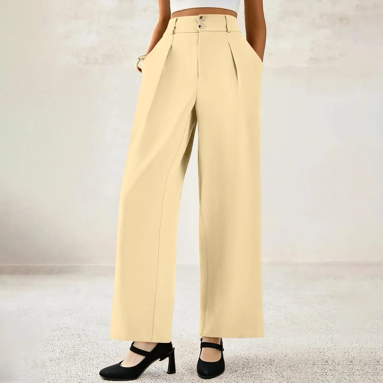 Wide Leg Dress Pants Women Baggy Button High Waisted Palazzo Pants Comfy Flowy Business Casual Slacks with Pockets