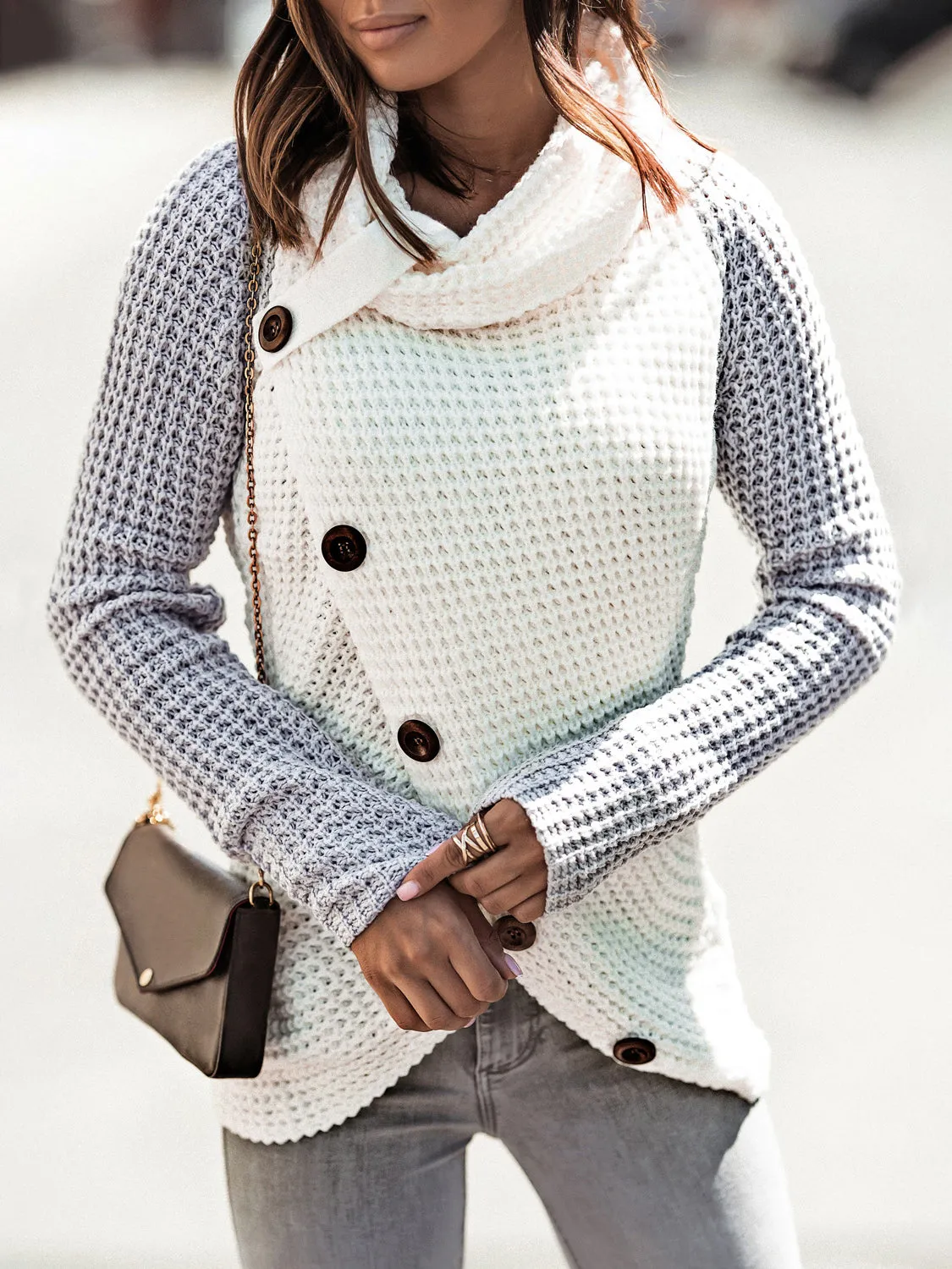 Women's Cozy Turtleneck Sweater with Decorative Buttons