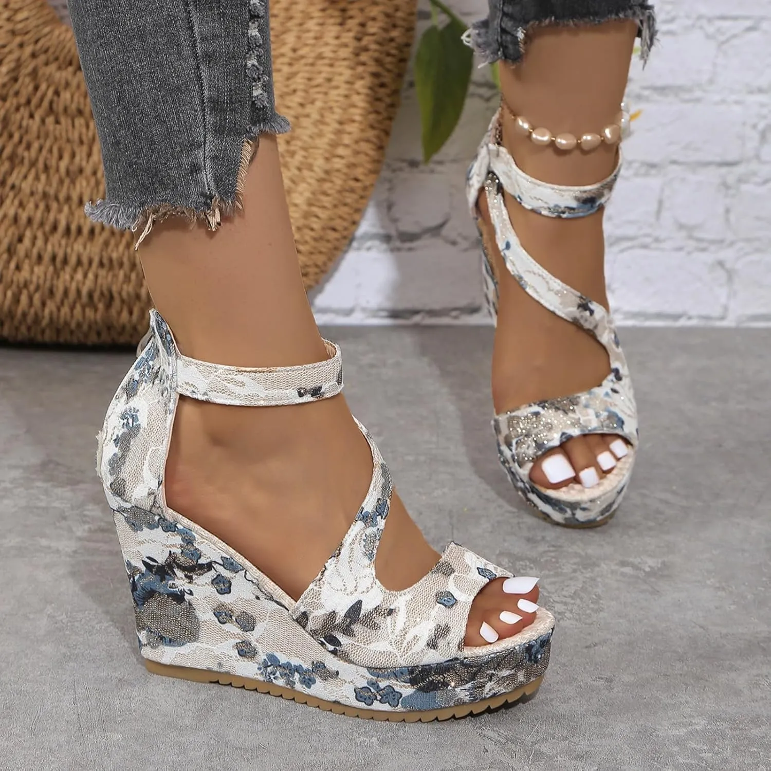 Women's Printed Platform High Heels Open Peep Toe Sandals Fashion Wedge Ankle Strap Back Zipper Slope Espadrille Casual Comfortable Floral Pattern Thick Sole Slip No Summer Sandal Shoes
